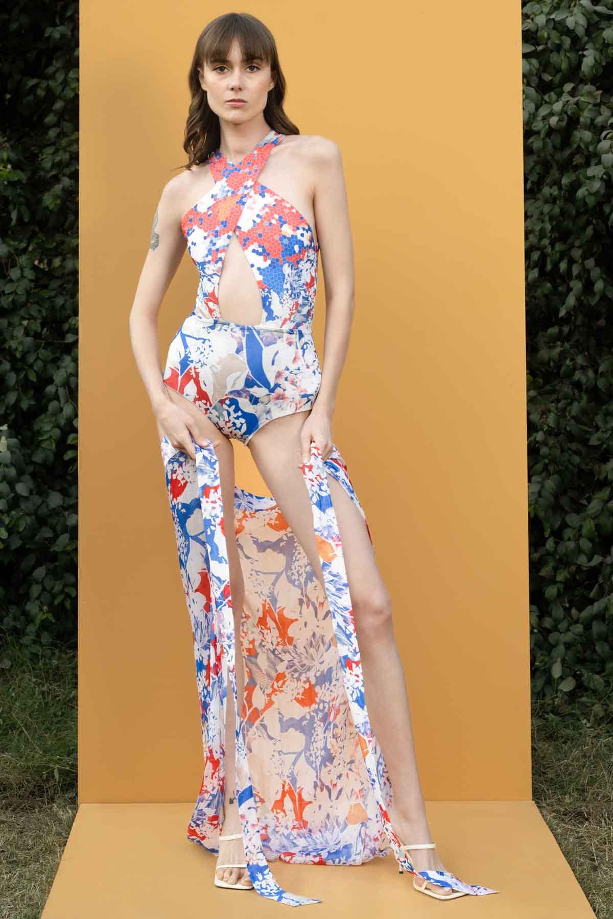 Buy Mist Printed Chiffon Bodysuit by Mandira Wirk